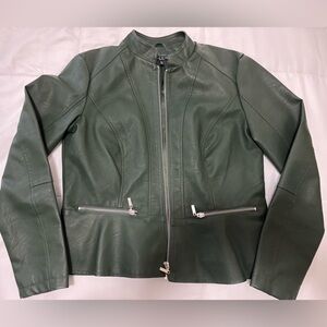 Baccini Green Leather Jacket with High Collar and Modern Silhouette